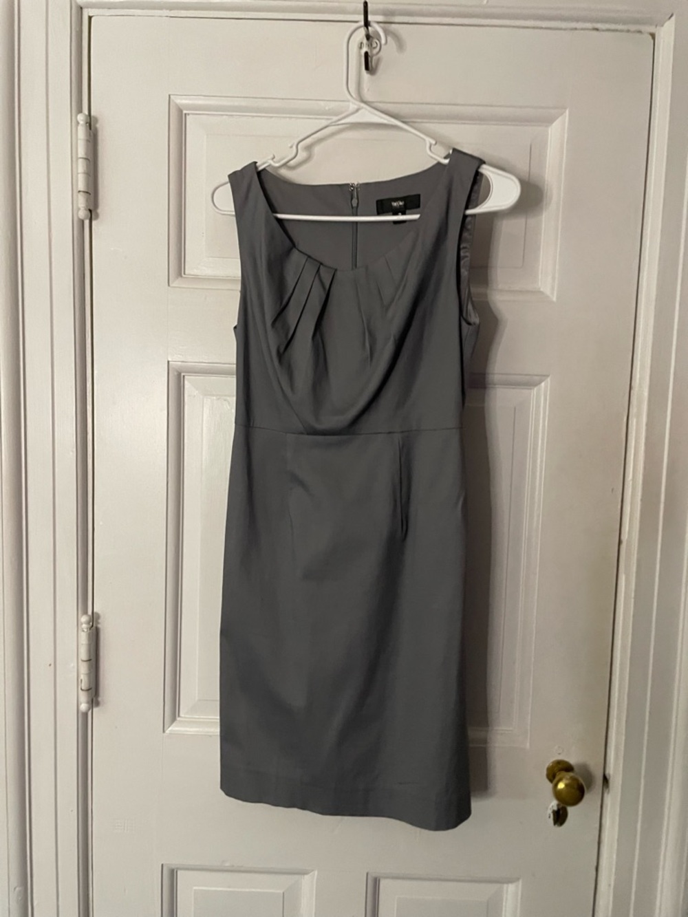 Sleeveless Gray Pleated-Neck Sheath Dress